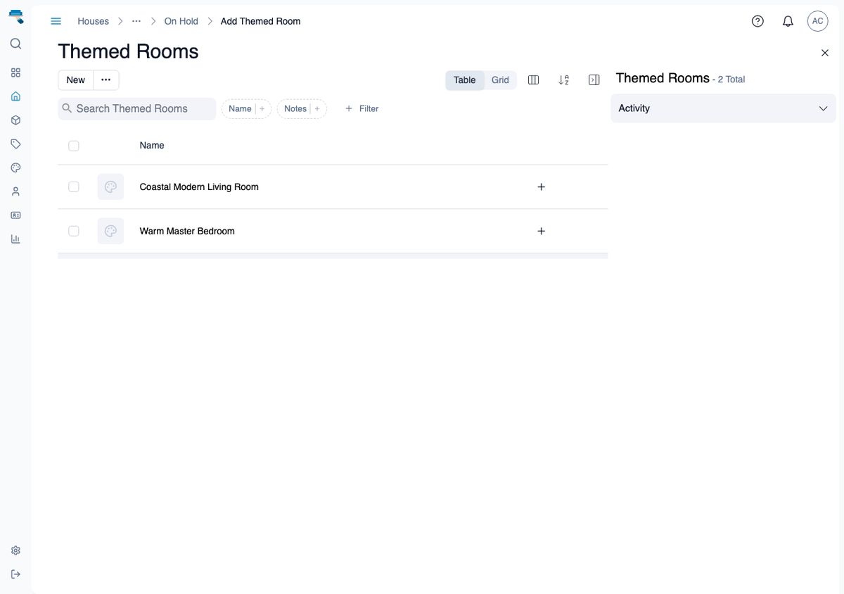Themed Rooms picker open from a house's items page, listing two templates with a plus button on each row