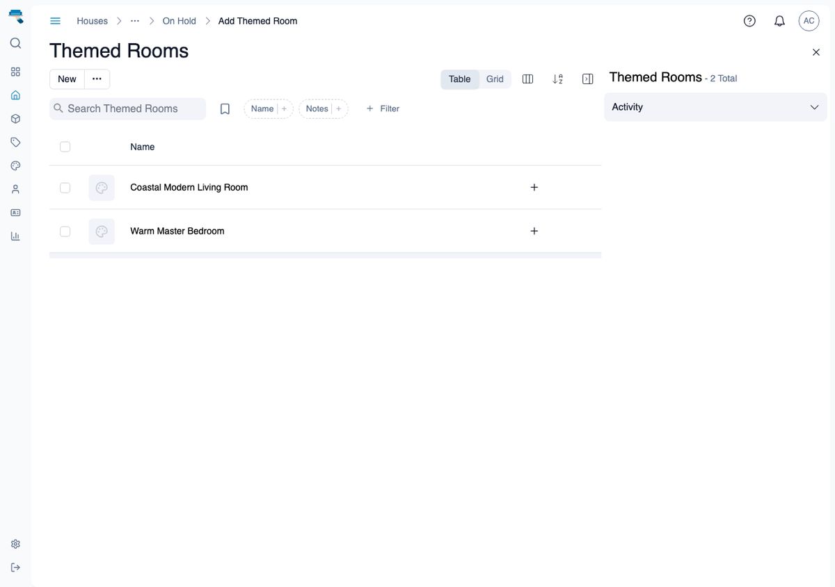 Themed Rooms picker open from a house's items page, listing two templates with a plus button on each row