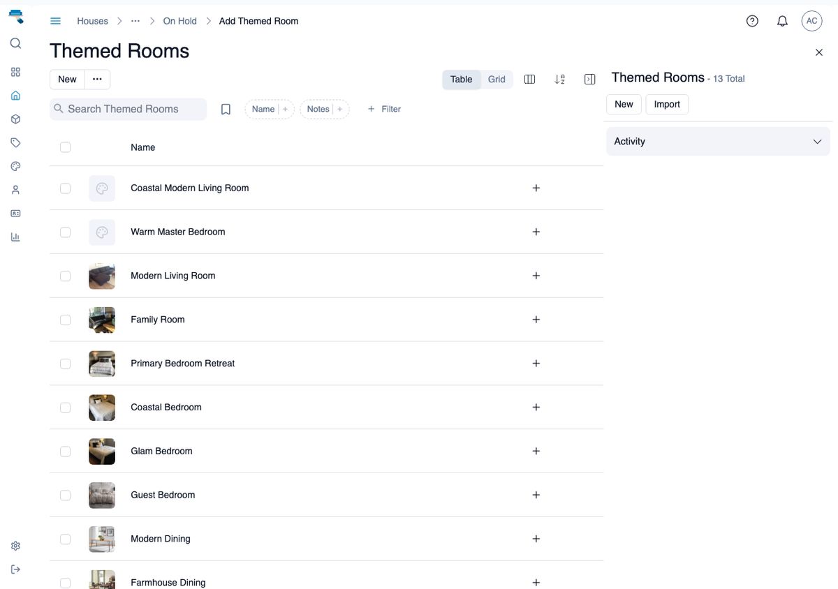 Themed Rooms picker open from a house's items page, listing two templates with a plus button on each row