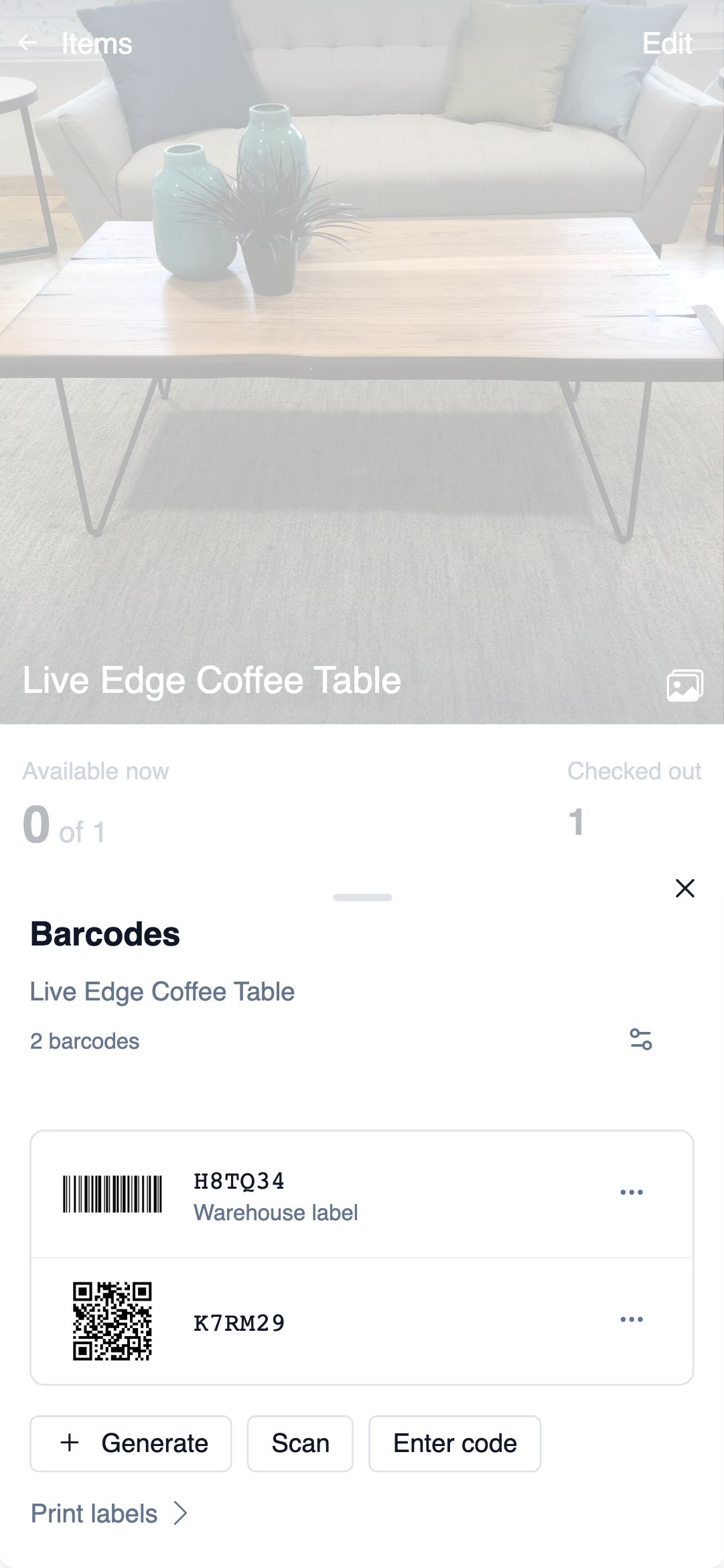 The barcodes on one item, listed with previews and labels, above buttons to generate, scan, or type another code