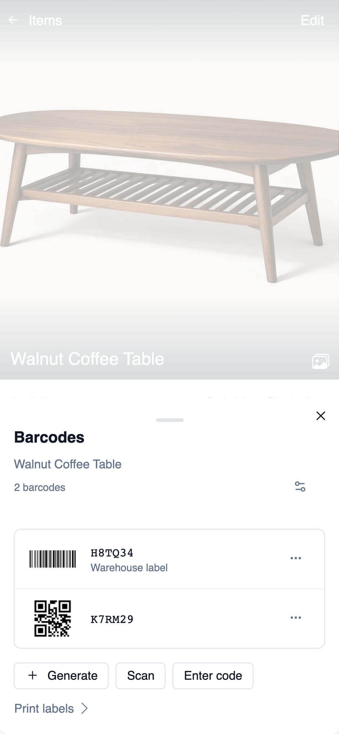 The barcodes on one item, listed with previews and labels, above buttons to generate, scan, or type another code