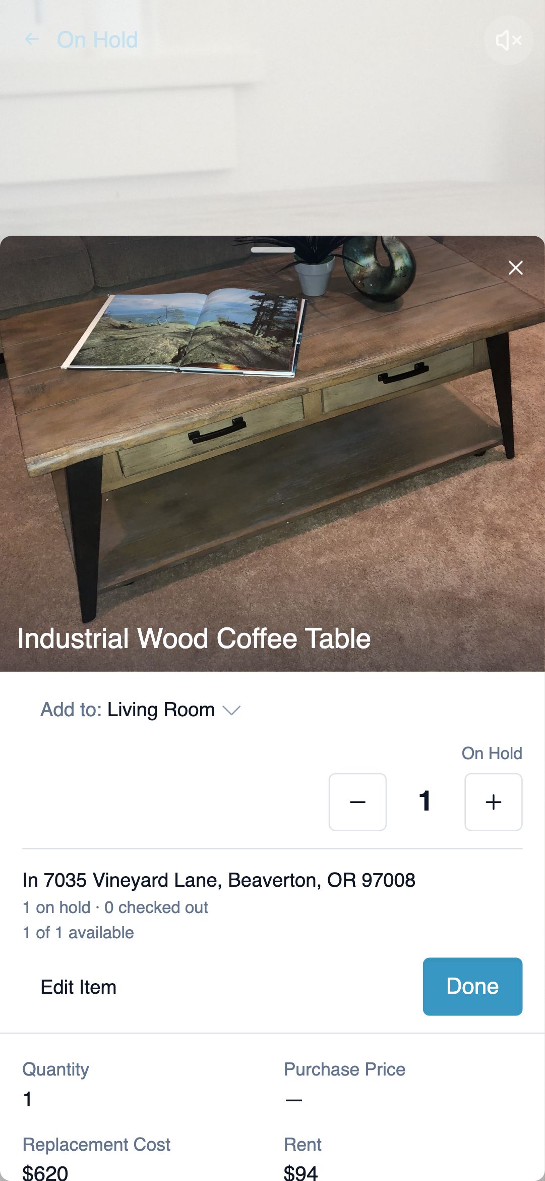 A scanned item on a phone: its photo, the room it is going to, an on-hold count, the house it is in, and how many units are available