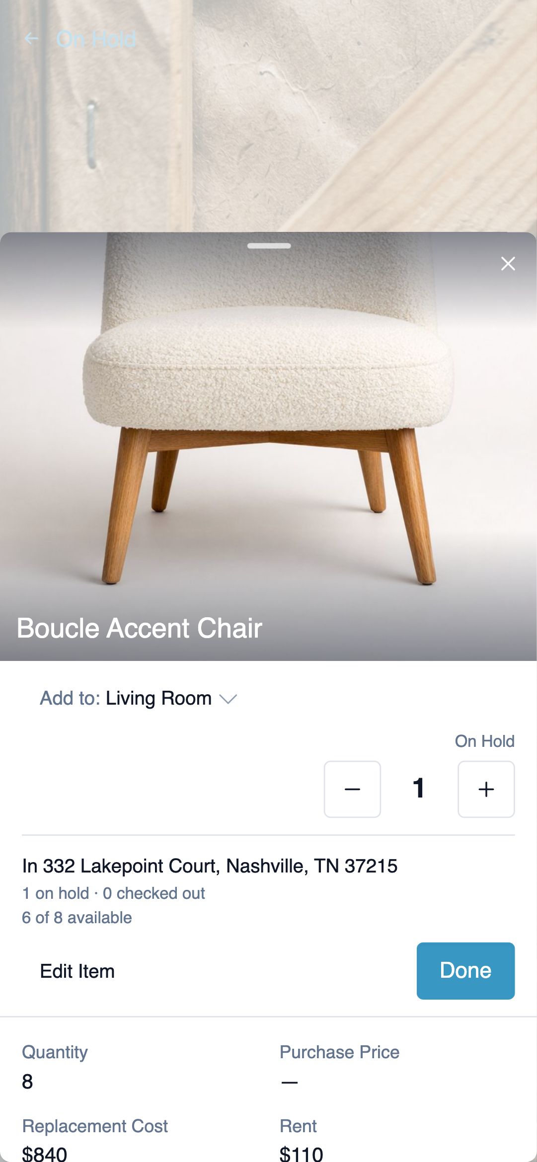 A scanned item on a phone: its photo, the room it is going to, an on-hold count, the house it is in, and how many units are available