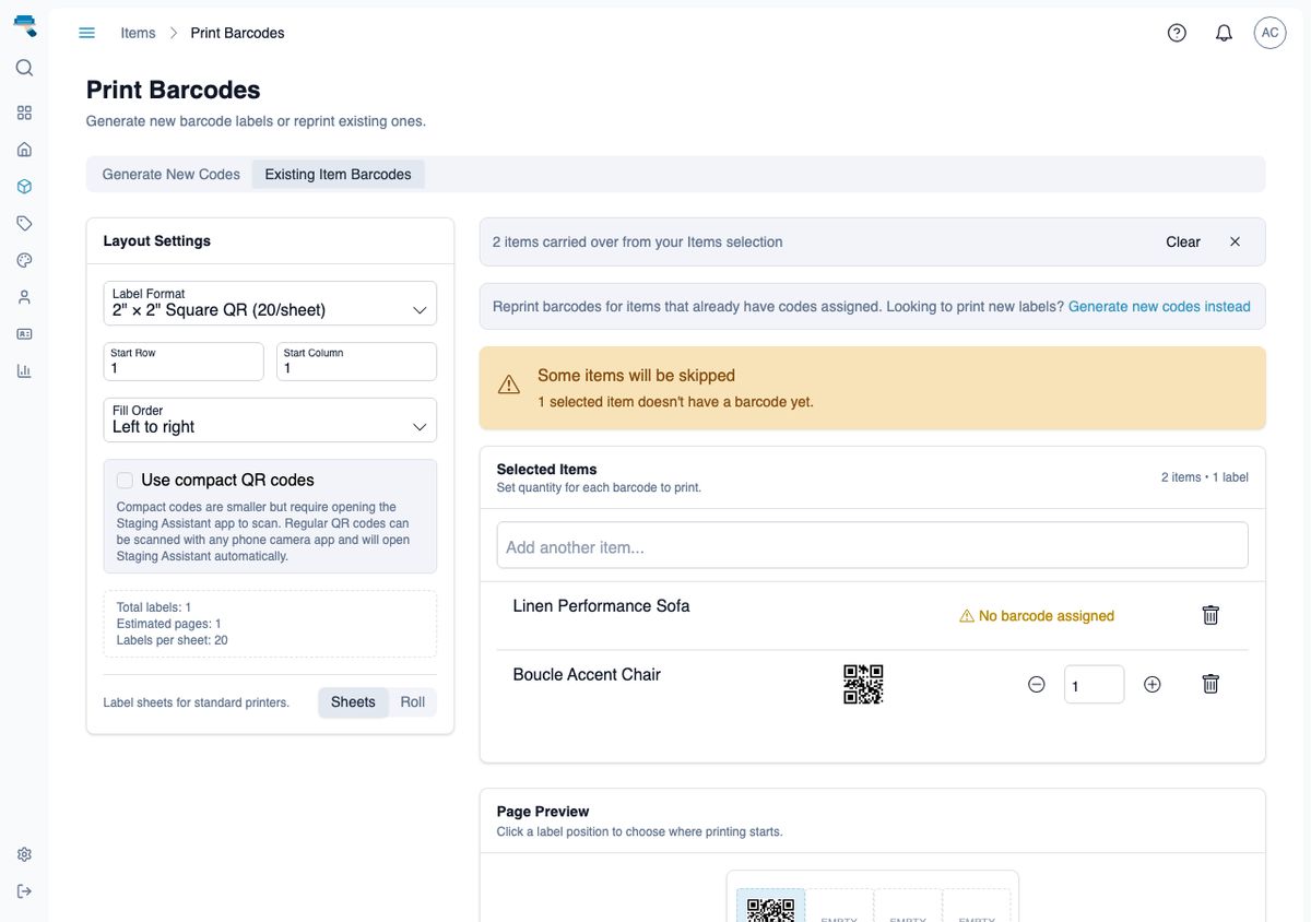 Print Barcodes page showing a selected inventory item loaded into the Existing Item Barcodes tab