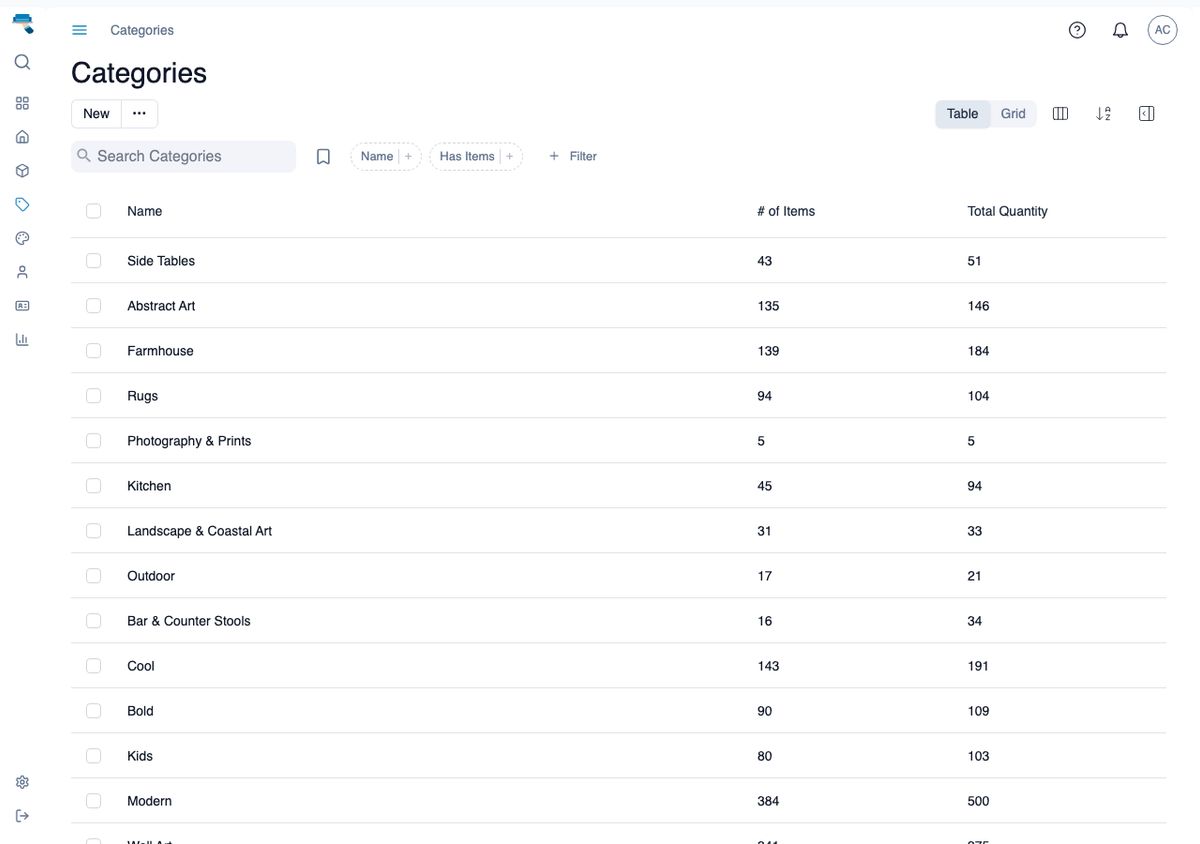 Categories list with name, item count, and total quantity columns for a dozen seeded categories