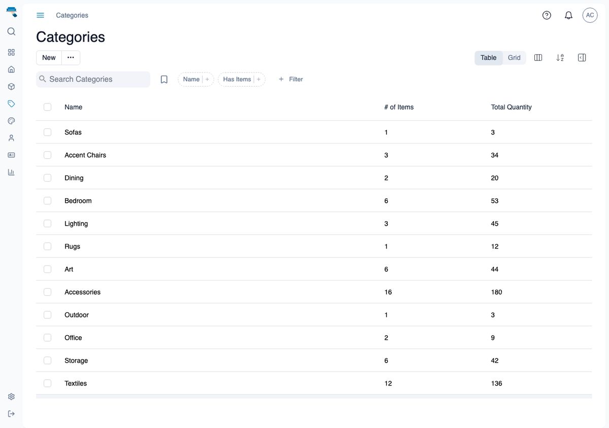 Categories list with name, item count, and total quantity columns for a dozen seeded categories