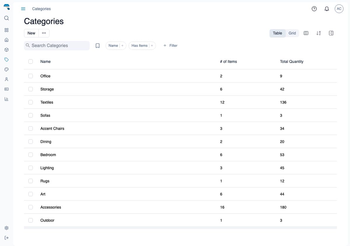 Categories list with name, item count, and total quantity columns for a dozen seeded categories