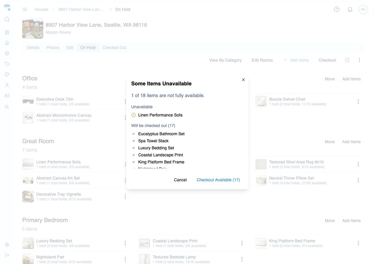 Checkout Items dialog listing every item on hold for the house with the count to be checked out