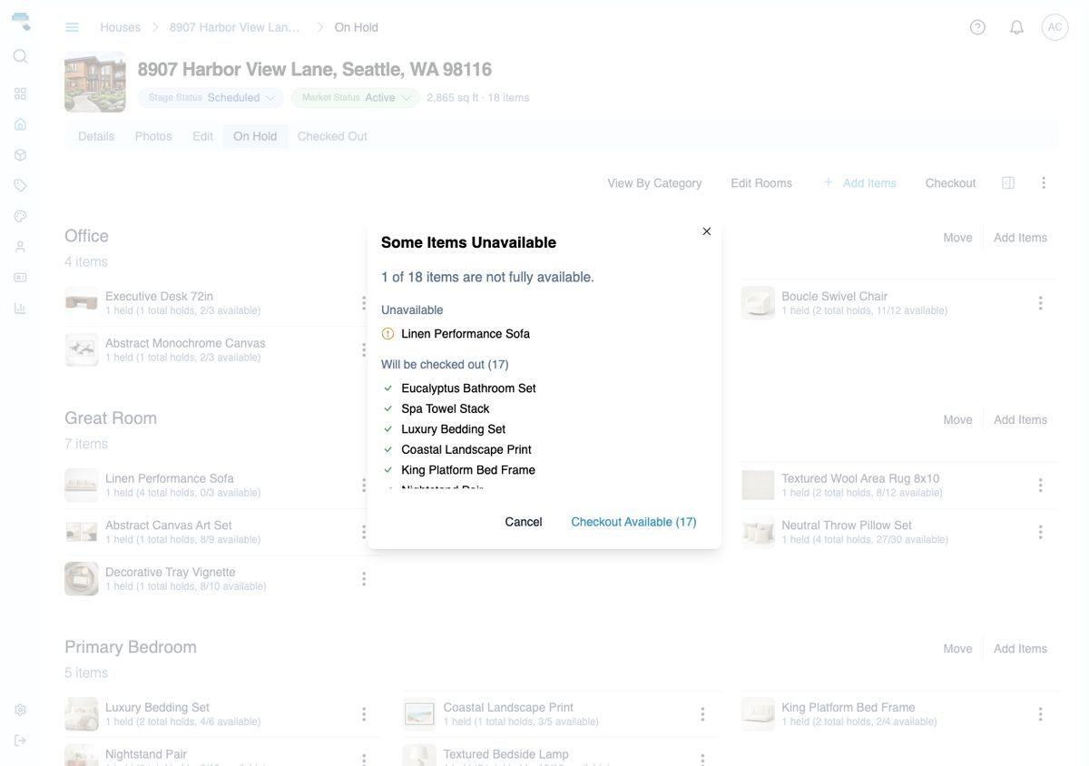 Checkout Items dialog listing every item on hold for the house with the count to be checked out