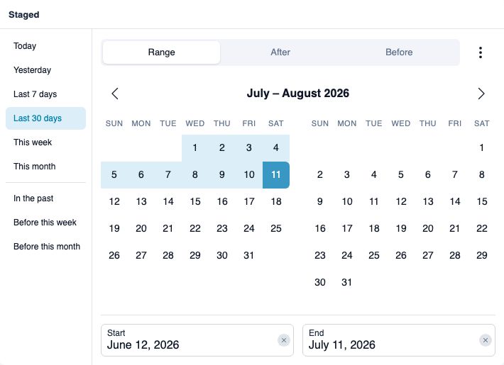Date filter popover for the Staged field showing preset options, a calendar with the last 30 days highlighted, and Start and End date fields