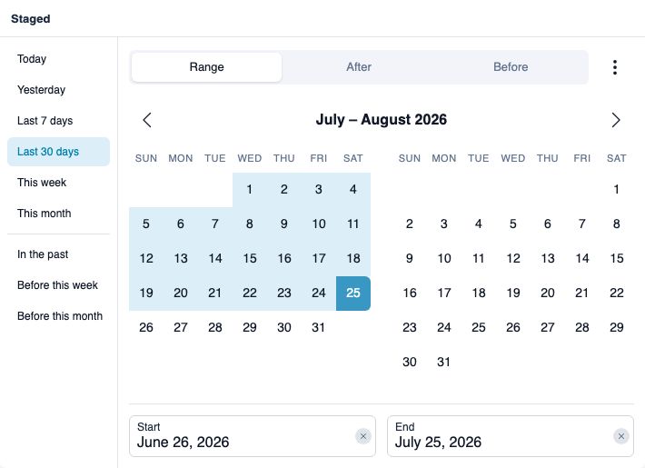 Date filter for the Staged field showing preset options, a calendar with the last 30 days highlighted, and start and end date fields