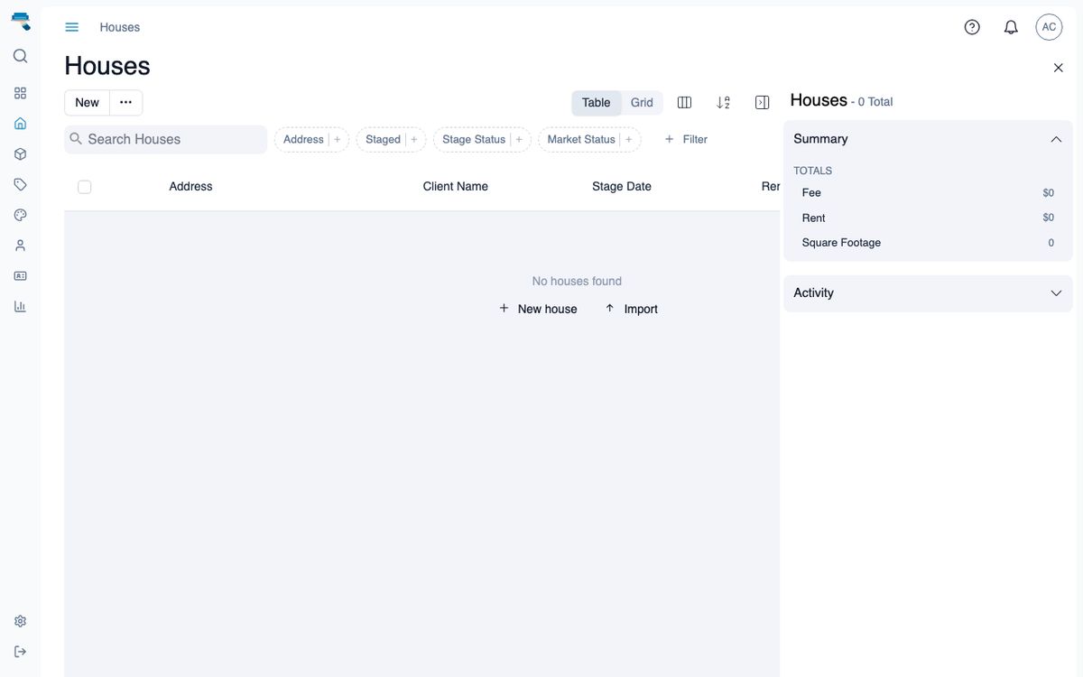 An empty houses list with the New house and Import empty-state shortcuts