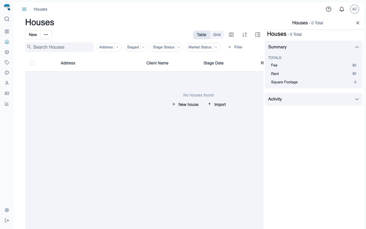 An empty houses list with the New house and Import empty-state shortcuts