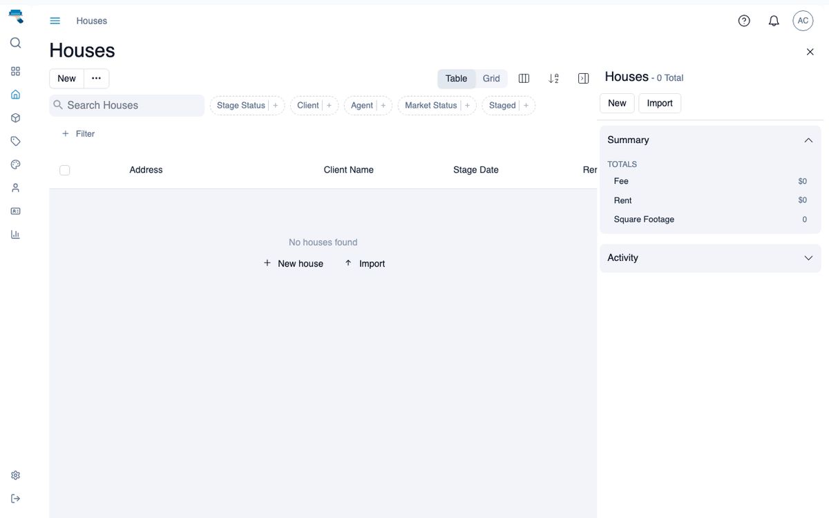 An empty houses list with the New house and Import empty-state shortcuts
