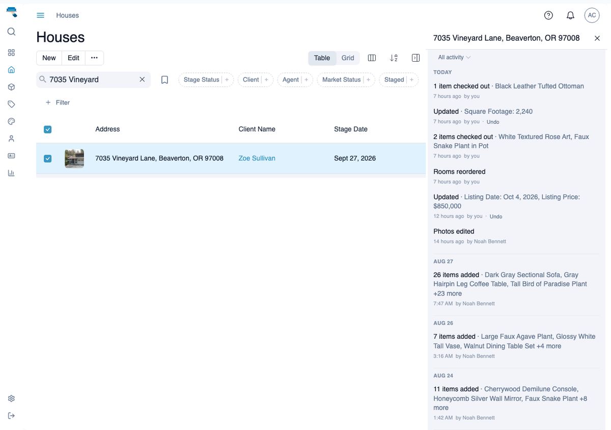House list with one house selected and the sidebar's Activity panel expanded, showing checked-out, updated, items-added, and created entries with actor and relative time