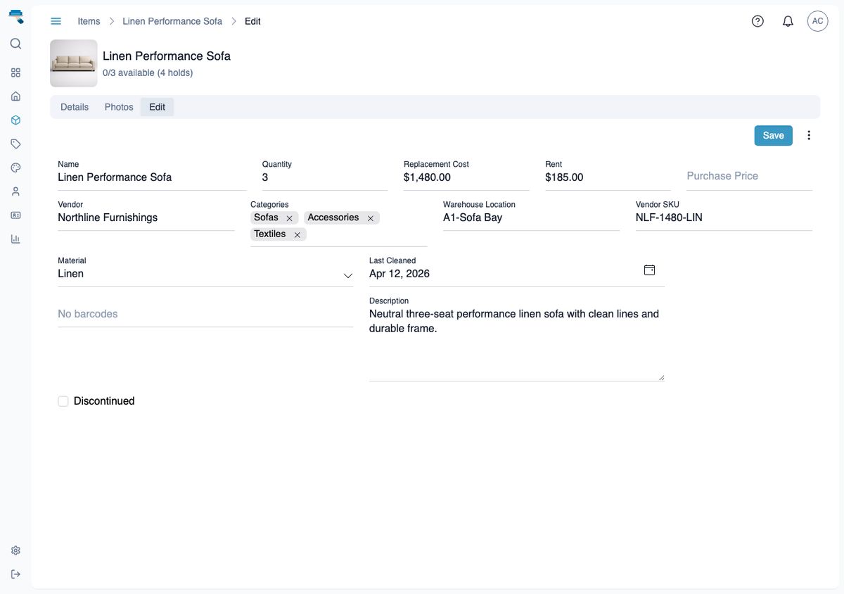 Item edit form showing built-in fields like Name, Quantity, and Vendor next to custom fields Vendor SKU, Material, Last Cleaned, and Discontinued
