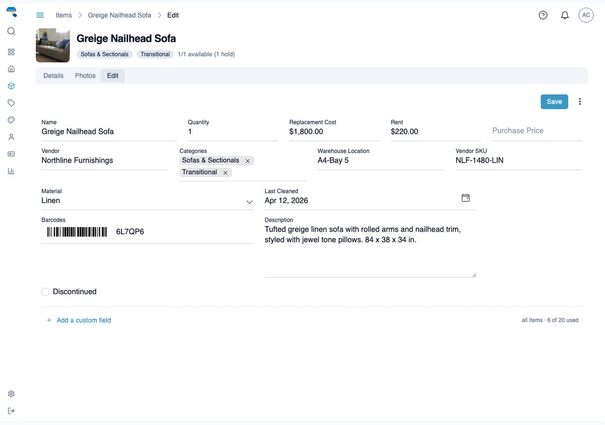Item edit form showing built-in fields like Name, Quantity, and Vendor next to custom fields Vendor SKU, Material, Last Cleaned, and Discontinued