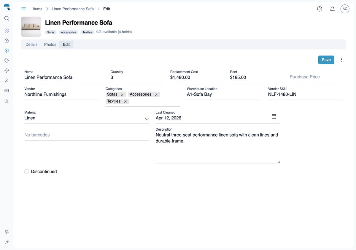 Item edit form showing built-in fields like Name, Quantity, and Vendor next to custom fields Vendor SKU, Material, Last Cleaned, and Discontinued