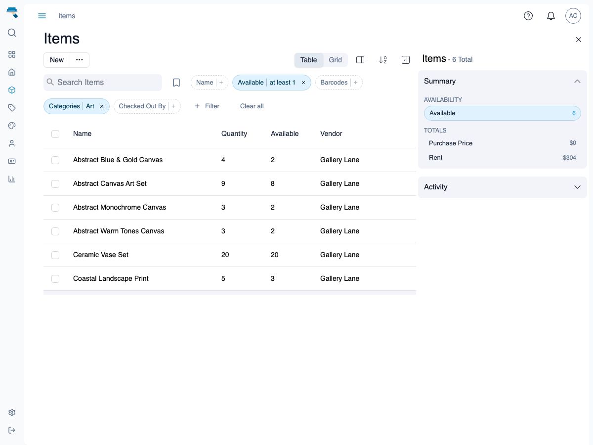 Inventory page showing a category filter applied to the items table