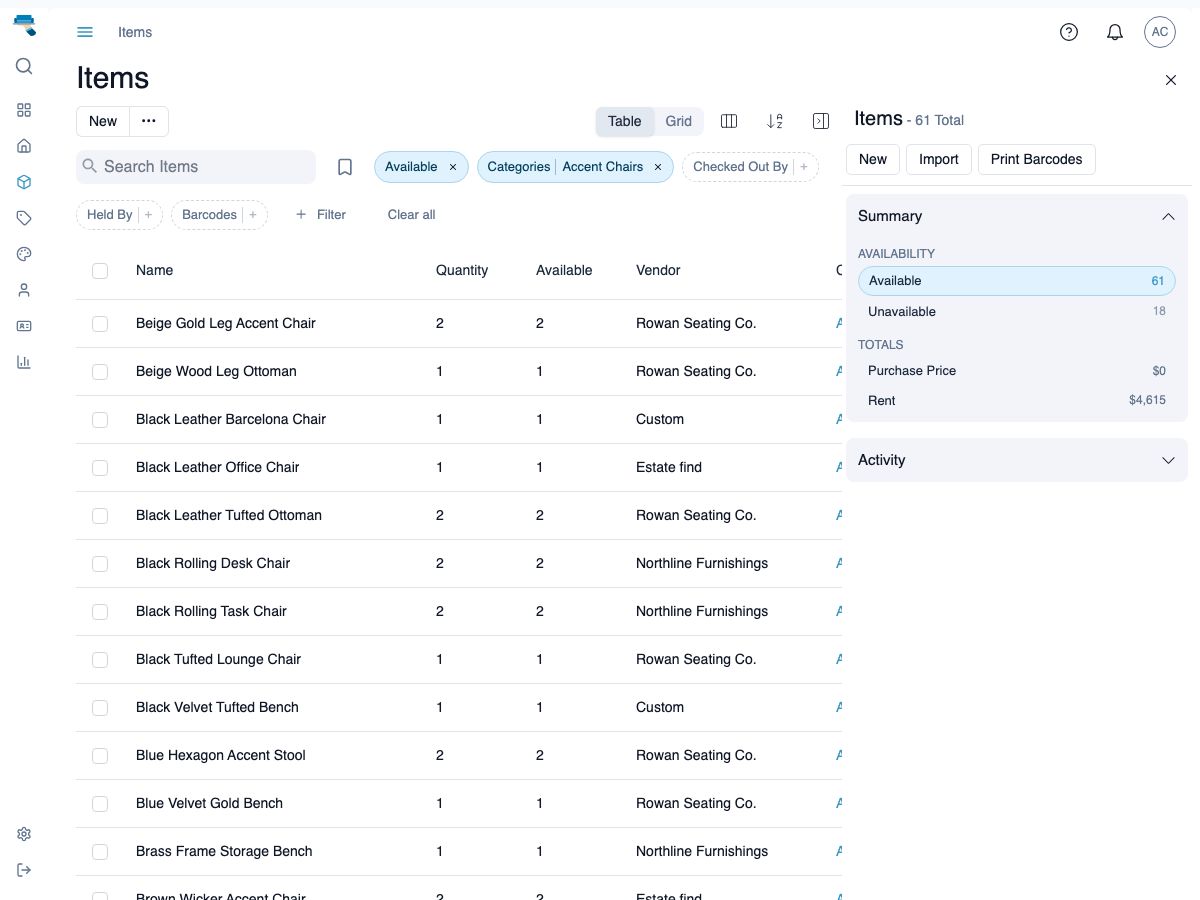 Inventory page showing a category filter applied to the items table