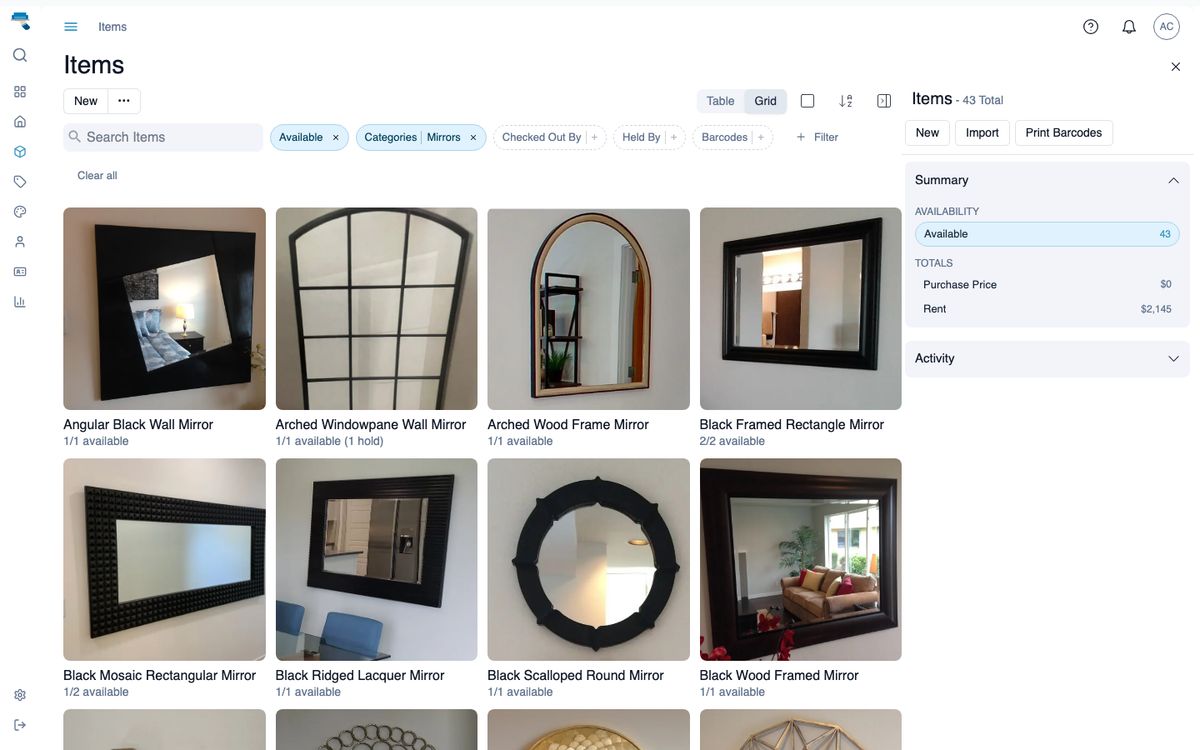 Item list narrowed by two filters: an Available chip and a Categories chip set to Mirrors, above a grid of mirrors with their available counts, and a sidebar with the total count