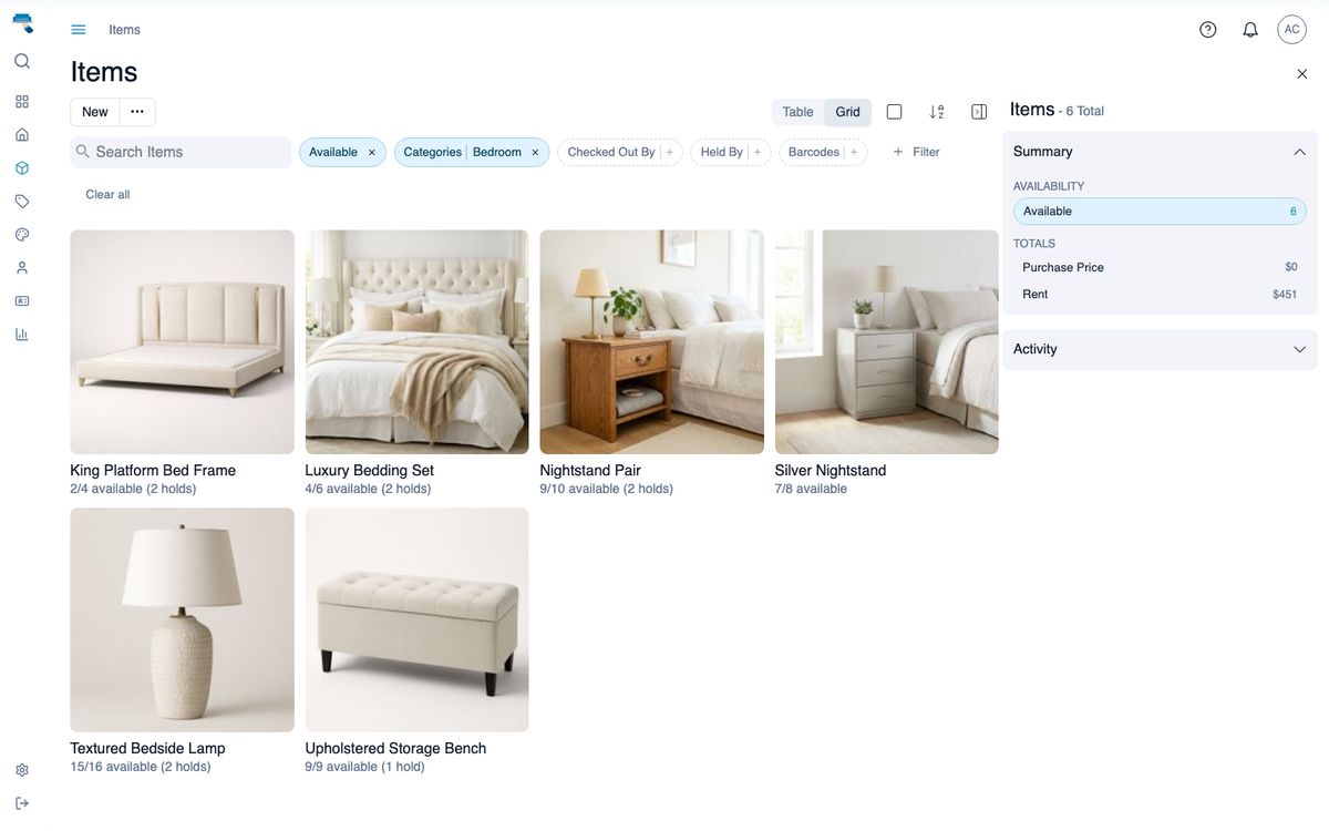 Item list narrowed by two filters: an Available chip and a Categories chip set to Bedroom, above a grid of six bedroom pieces with their available counts, and a sidebar reading Items, 6 Total