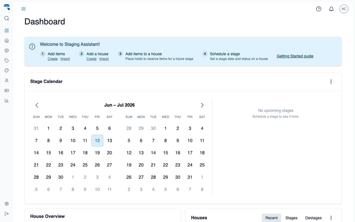 A brand-new account's dashboard with the Welcome to Staging Assistant checklist of four first steps above the empty stage calendar and pipeline widgets