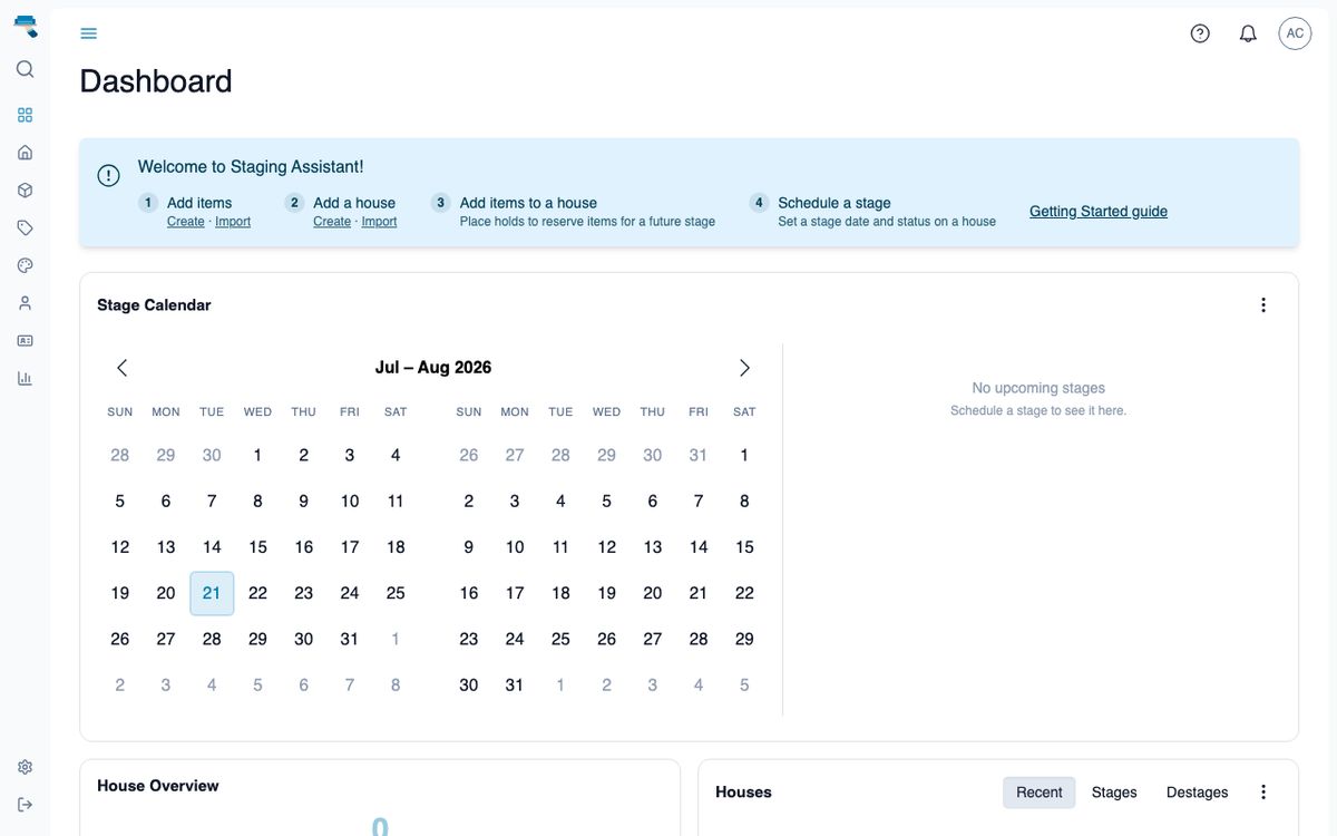 A brand-new account's dashboard with the Welcome to Staging Assistant checklist of four first steps above the empty stage calendar and pipeline widgets