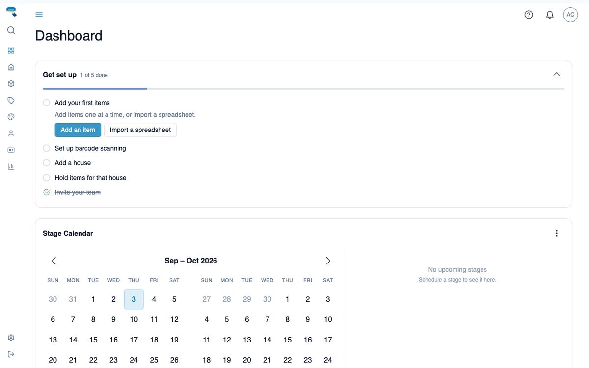 A brand-new account's dashboard with the Welcome to Staging Assistant checklist of four first steps above the empty stage calendar and pipeline widgets