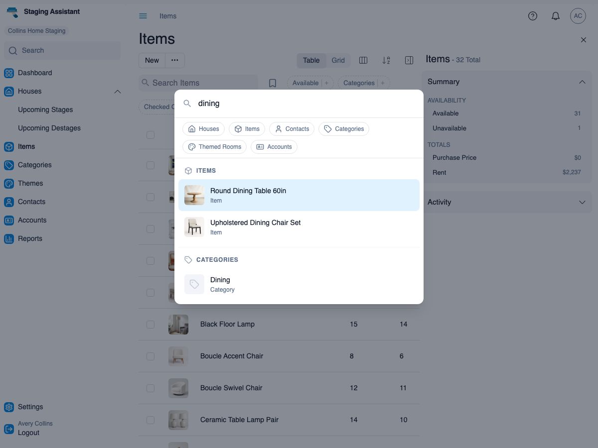 Search dialog open over the inventory list, showing results for 'dining' grouped into Items and Categories