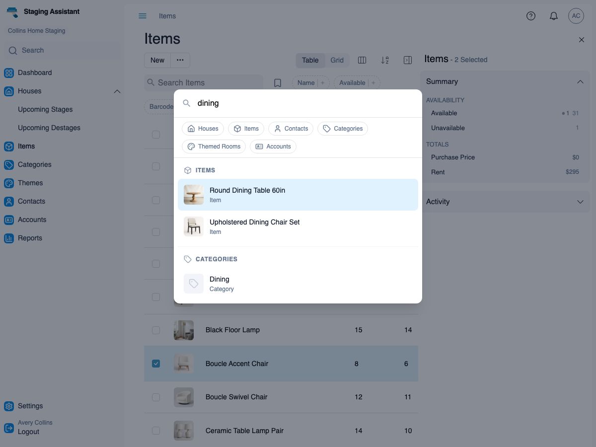 Global search dialog open over the inventory list, showing results for 'dining' grouped into Items and Categories