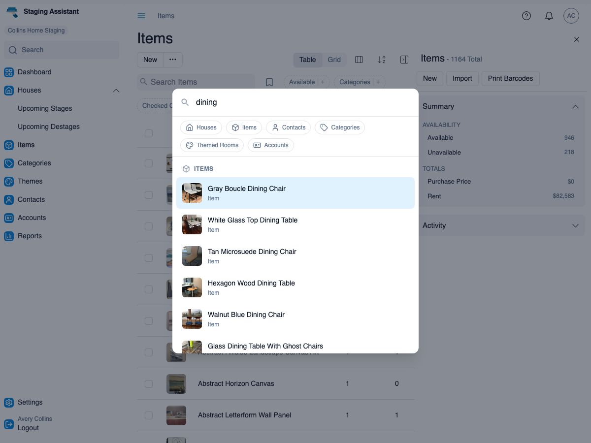 Search dialog open over the inventory list, showing results for 'dining' grouped into Items and Categories