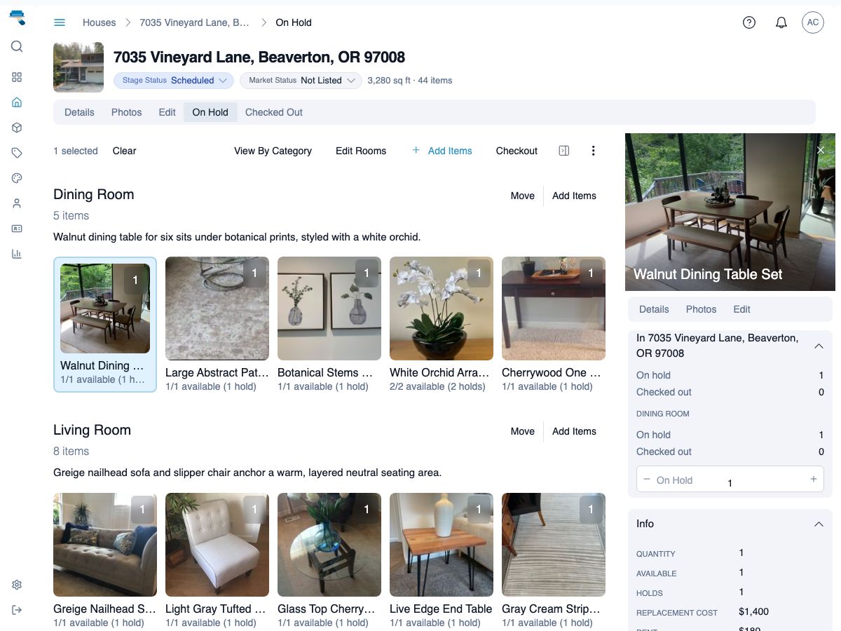 Staging Assistant app showing room staging view