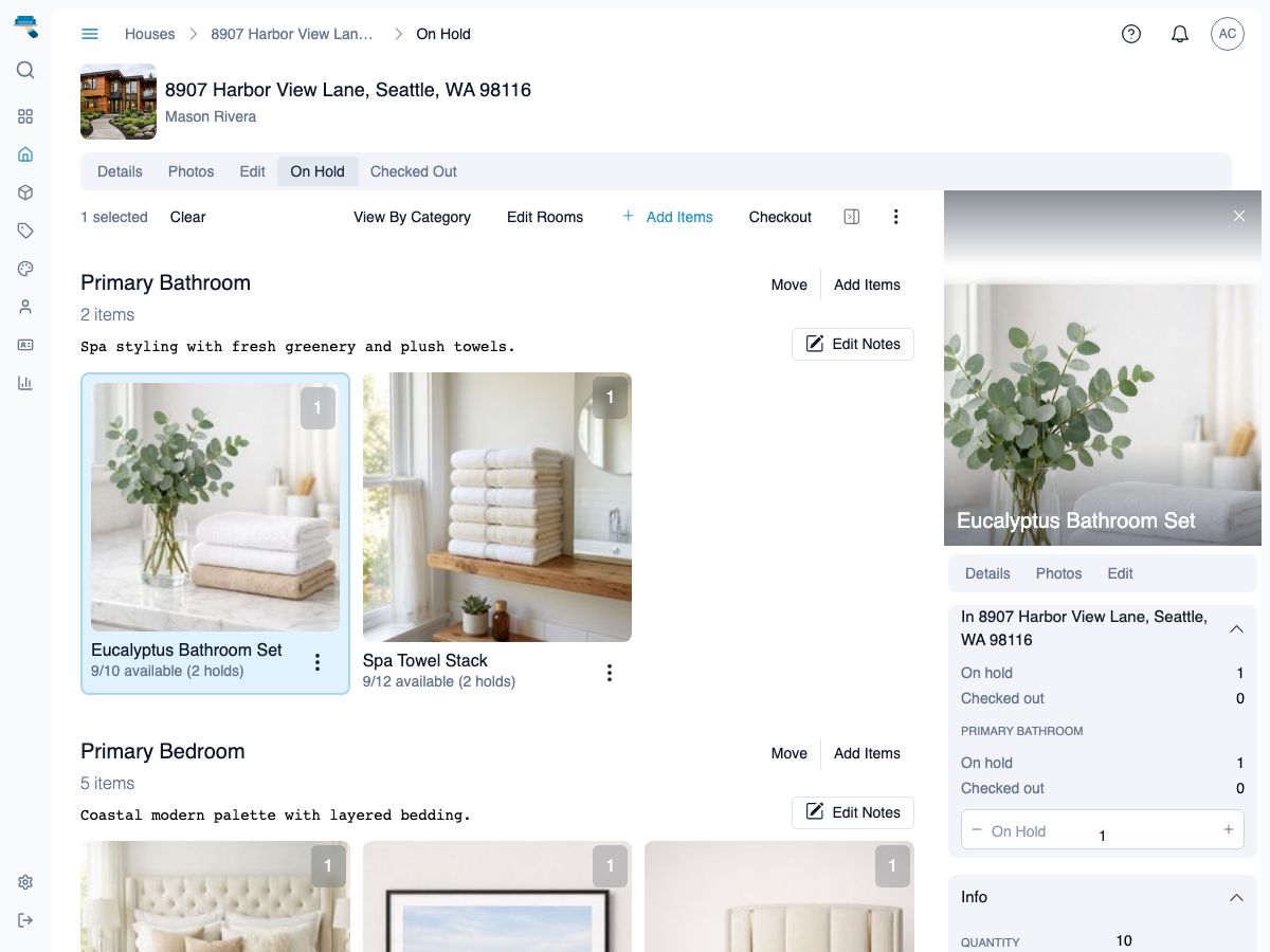 Staging Assistant app showing room staging view