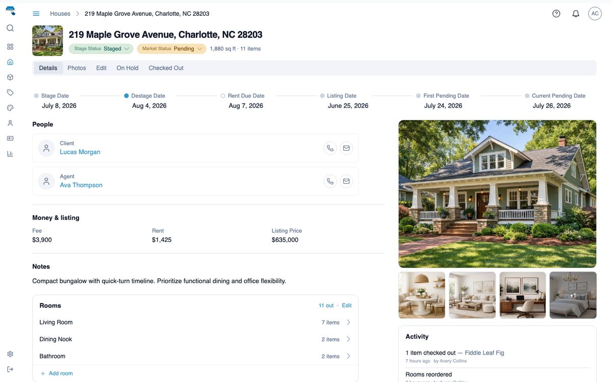 House page for a Charlotte listing: stage status, a rail of staging dates, client and agent contacts, fee and listing price, its rooms with item counts, plus photos and recent activity