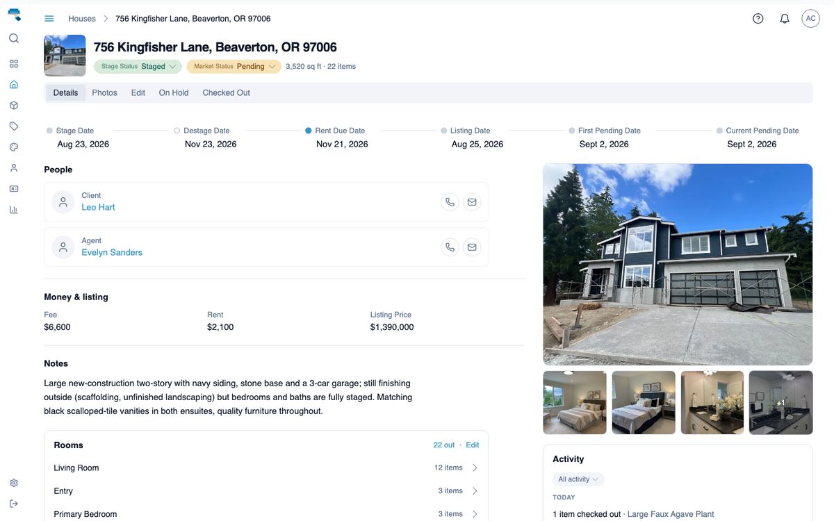 House page for a Charlotte listing: stage status, a rail of staging dates, client and agent contacts, fee and listing price, its rooms with item counts, plus photos and recent activity