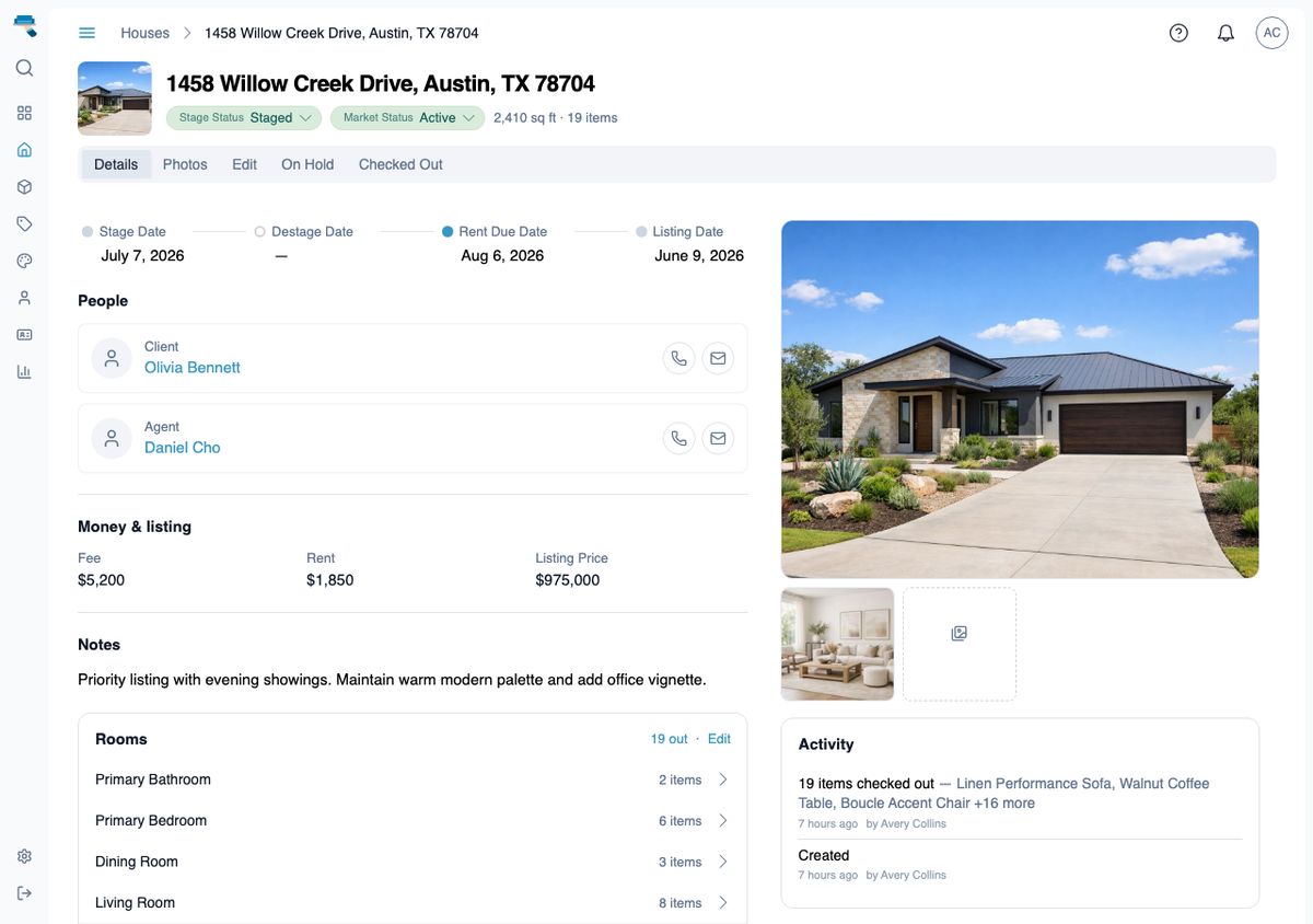 Desktop house detail page showing the address, stage status, market status, client, agent, dates, fee, rent, a Rooms list, and a photo gallery