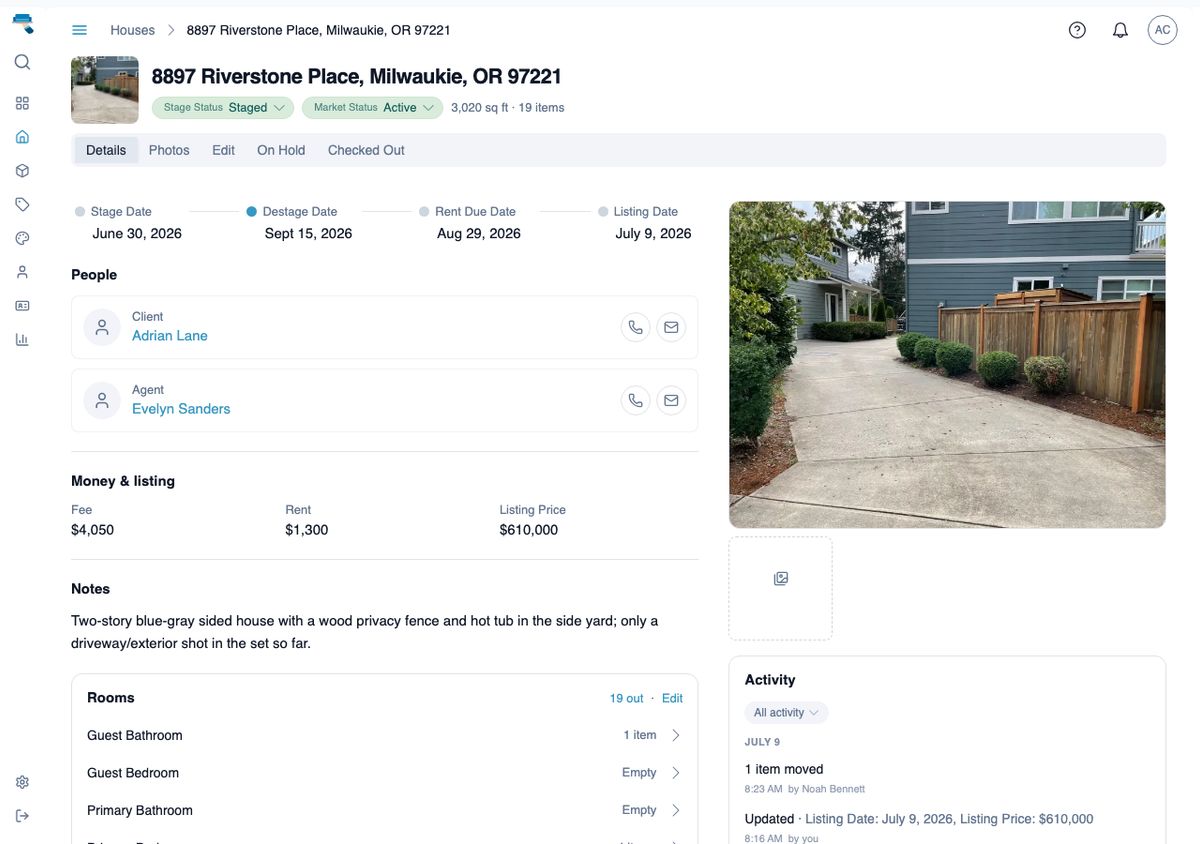 Desktop house detail page showing the address, stage status, market status, client, agent, dates, fee, rent, a Rooms list, and a photo gallery