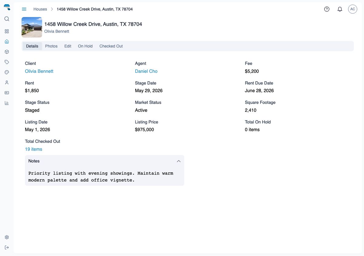 Desktop house detail page showing address, client, agent, dates, fee, rent, stage and market status, and a Total Checked Out link