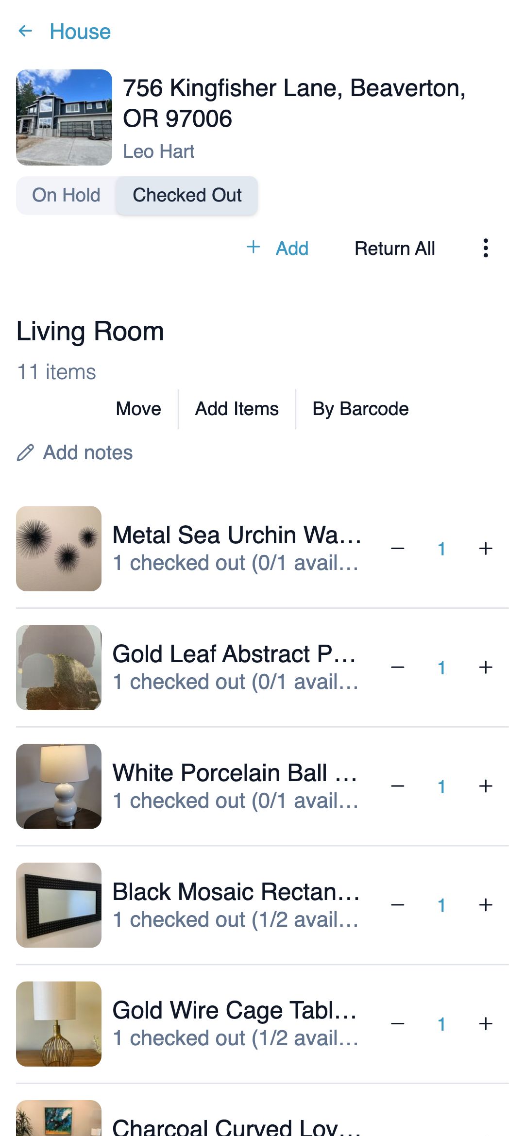 The same house on a phone, its Living Room listing each checked-out item with a photo and count
