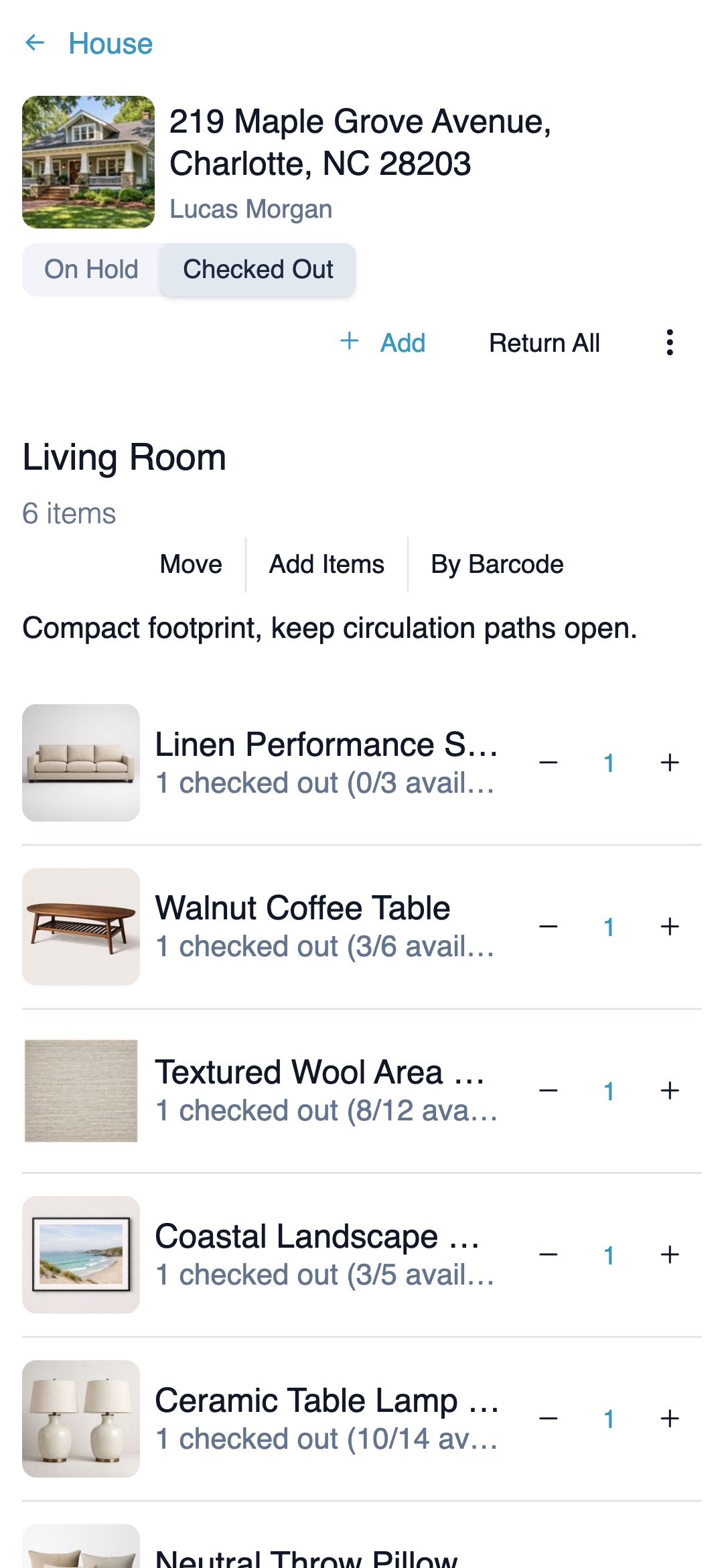 The same house on a phone, its Living Room listing each checked-out item with a photo and count