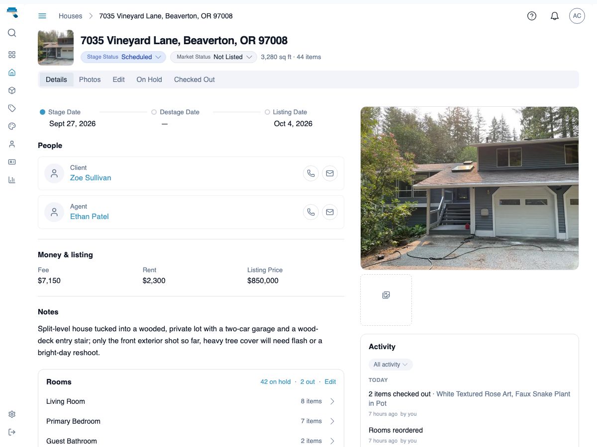 House detail page showing Total On Hold and Total Checked Out counts alongside the address, client, agent, stage status, and key dates