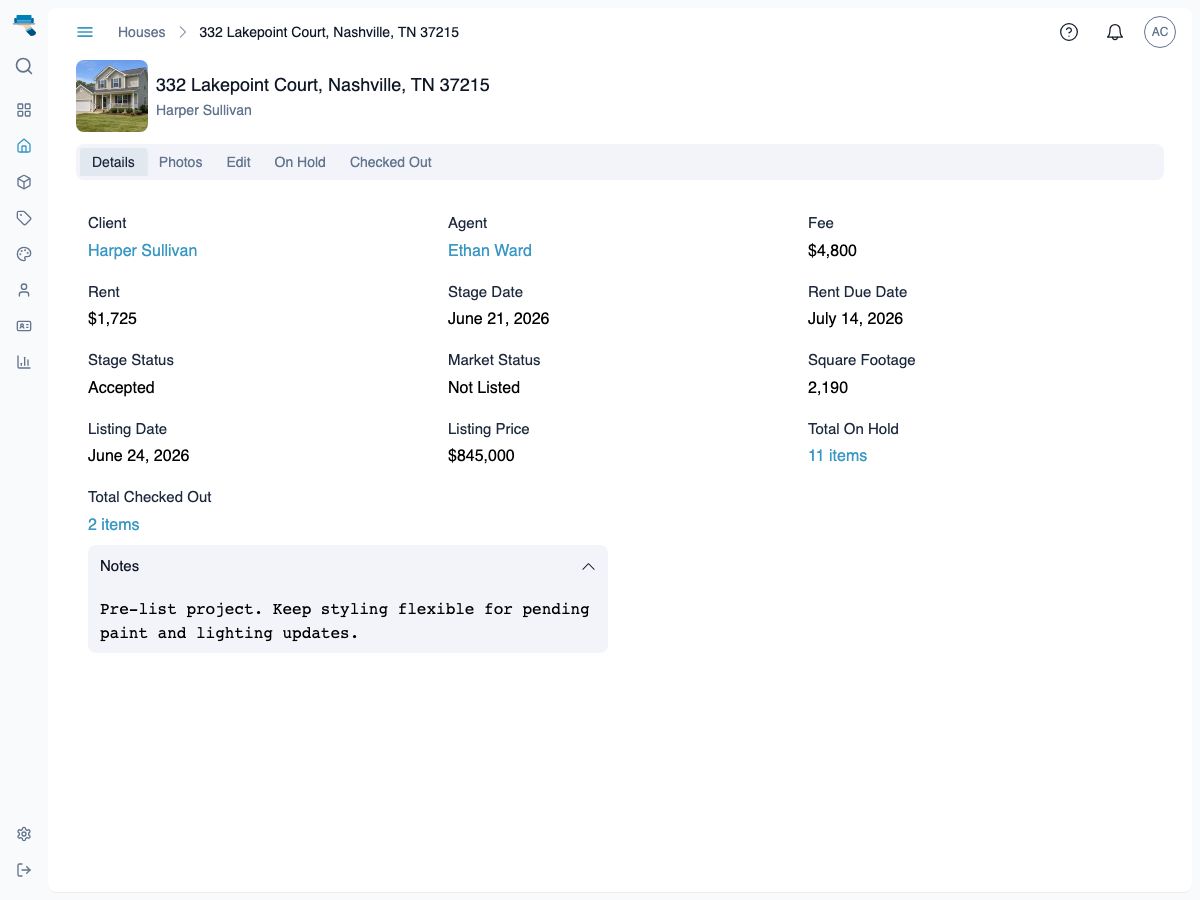 House detail page showing Total On Hold and Total Checked Out counts alongside the address, client, agent, stage status, and key dates