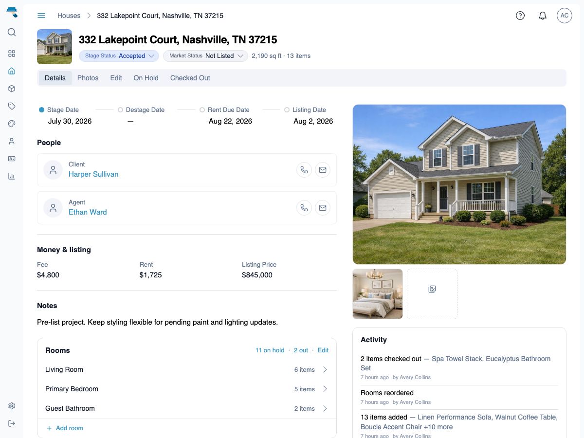 House detail page showing Total On Hold and Total Checked Out counts alongside the address, client, agent, stage status, and key dates