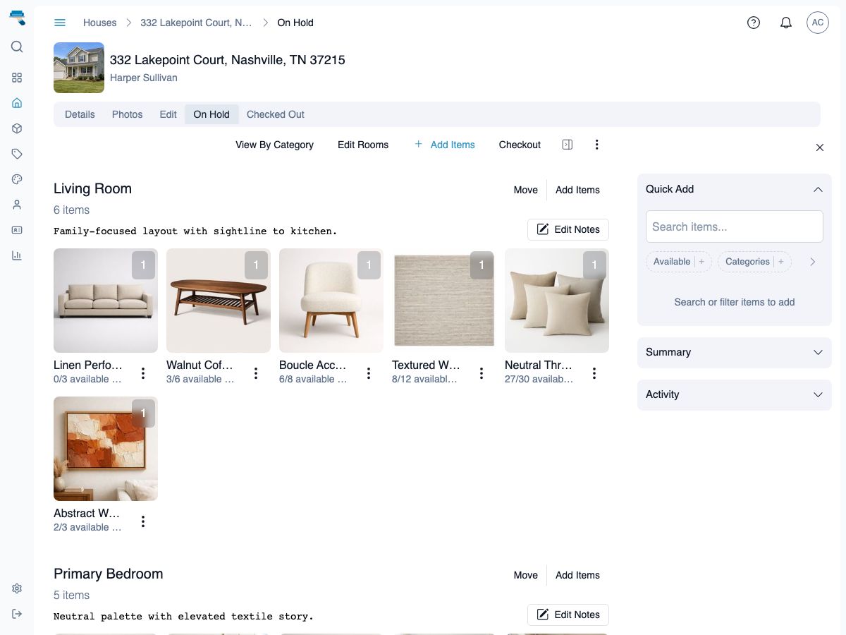 House staging rooms with quick-add sidebar