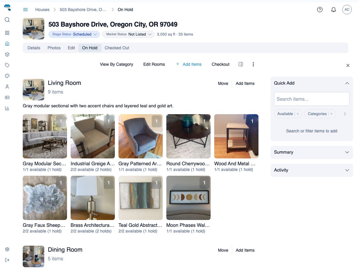 House staging rooms with quick-add sidebar