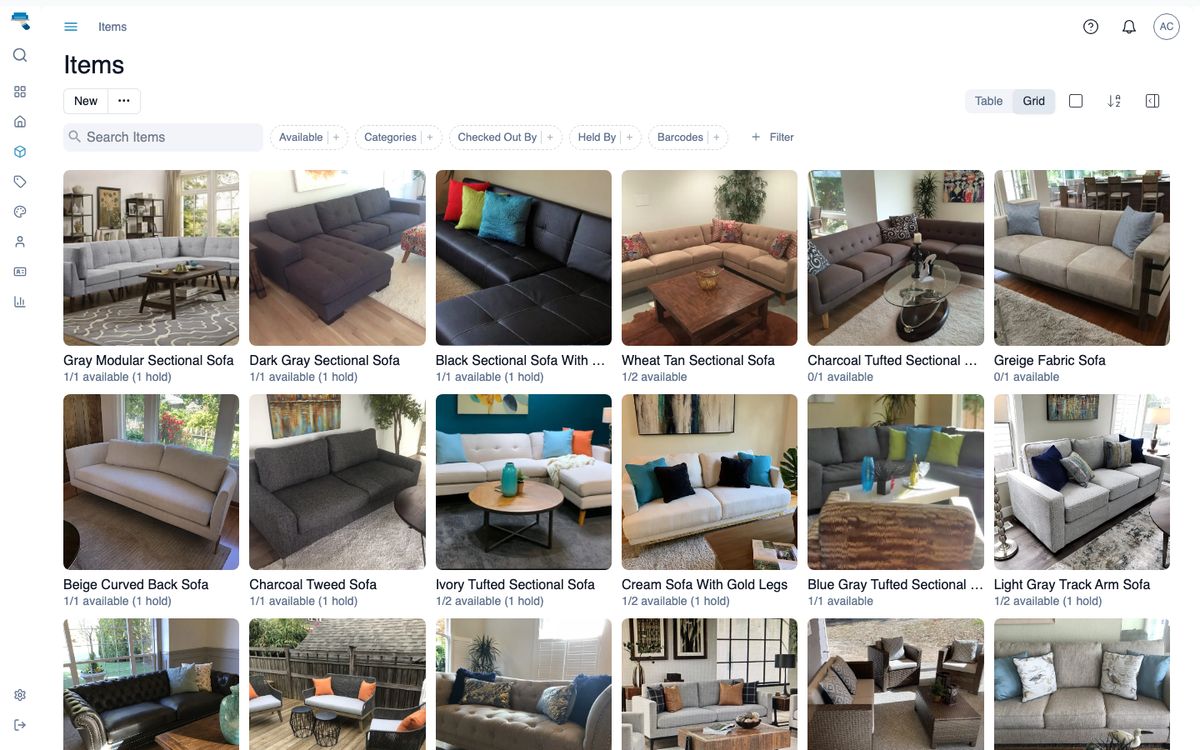 Item list in card view: a grid of furniture and art photos, each with its name and available count