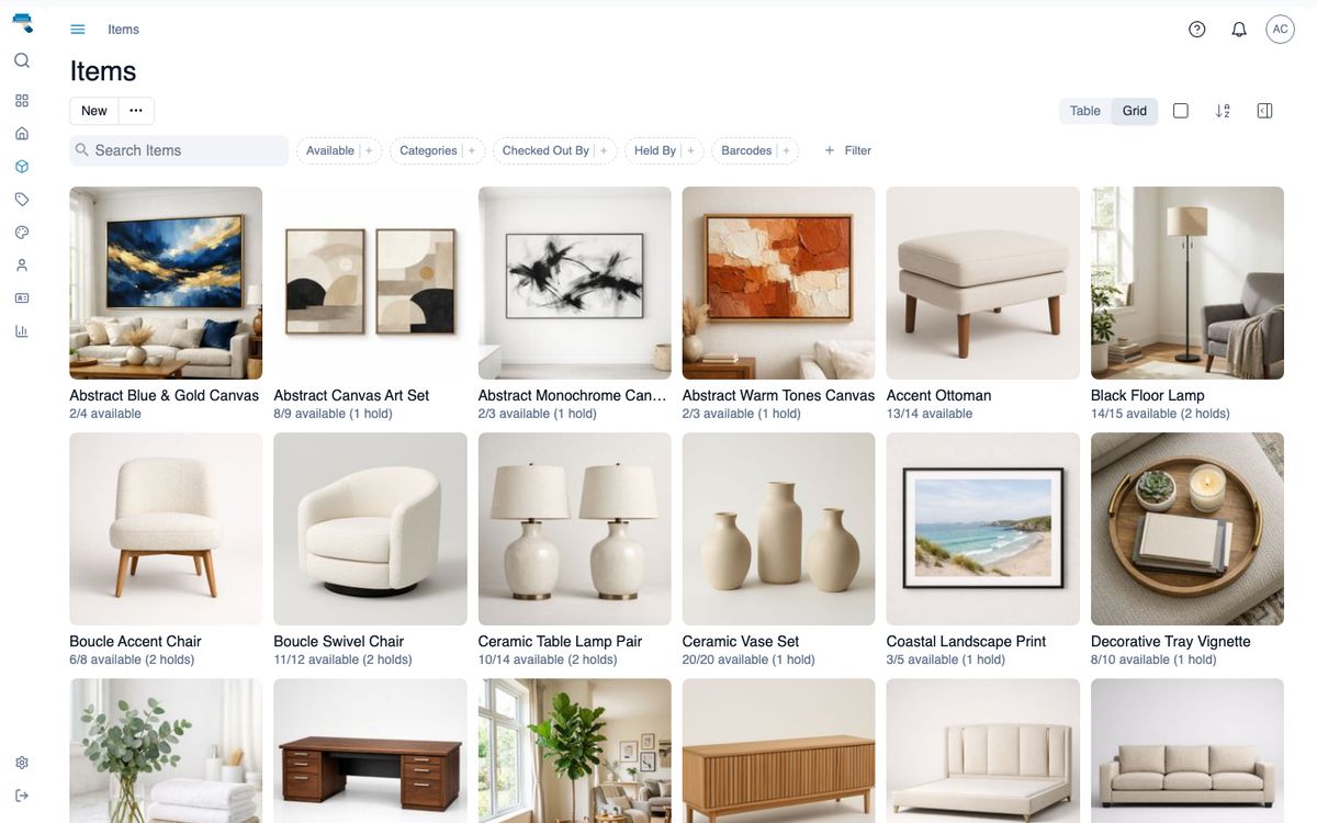 Item list in card view: a grid of furniture and art photos, each with its name and available count