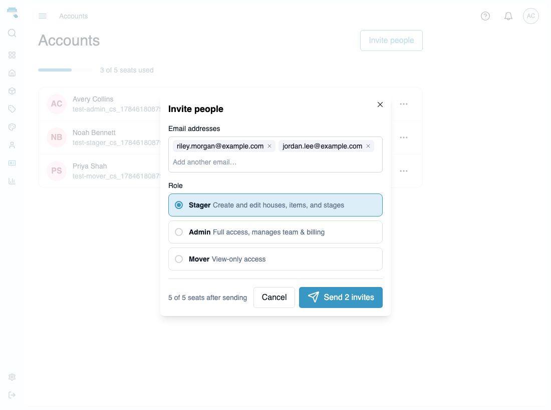 Invite people dialog with two email addresses entered and the Stager role selected