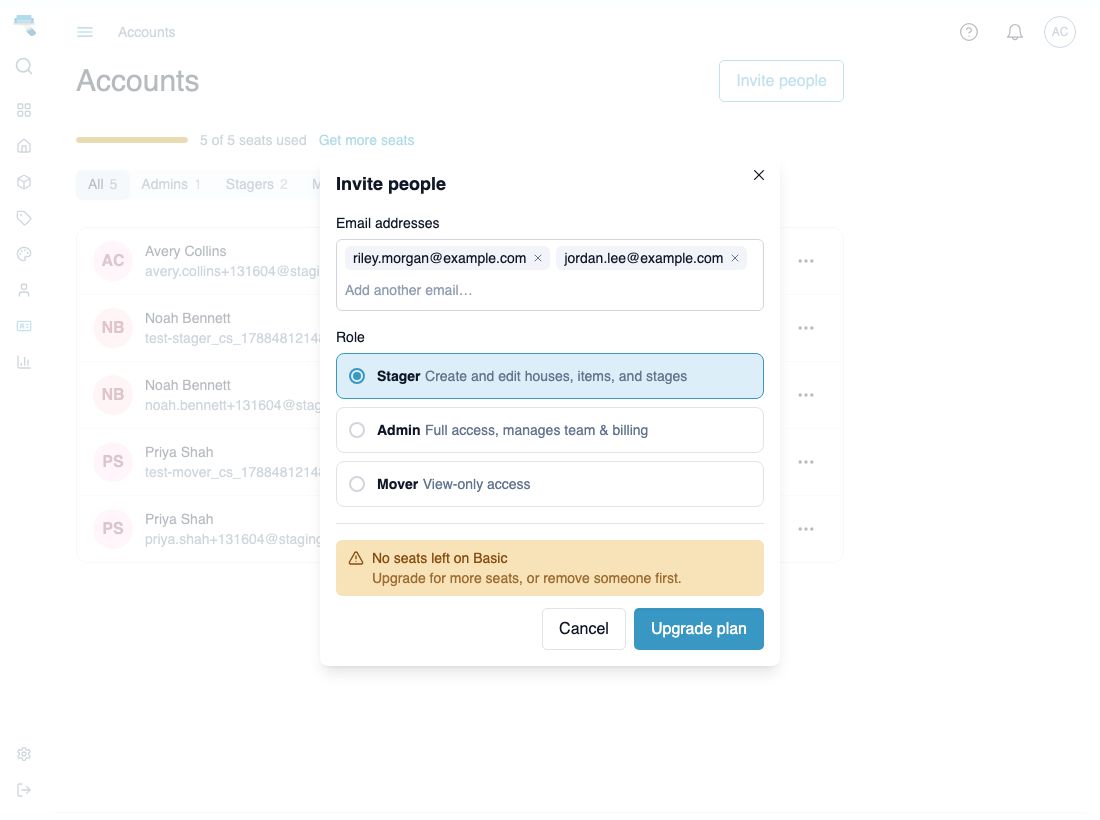 Invite people dialog with two email addresses entered and the Stager role selected